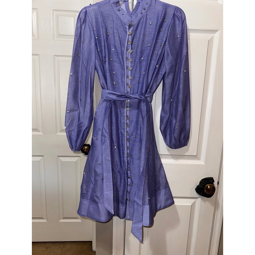 Bella Barnett Purple Embellished Button Down Long Sleeve NWT Belted Dress Size L - Picture 4 of 9